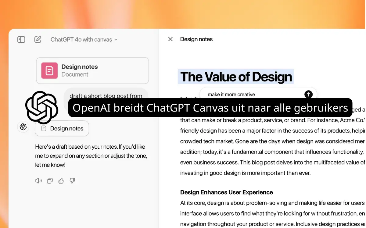 OpenAI breidt ChatGPT Canvas uit naar alle gebruikers